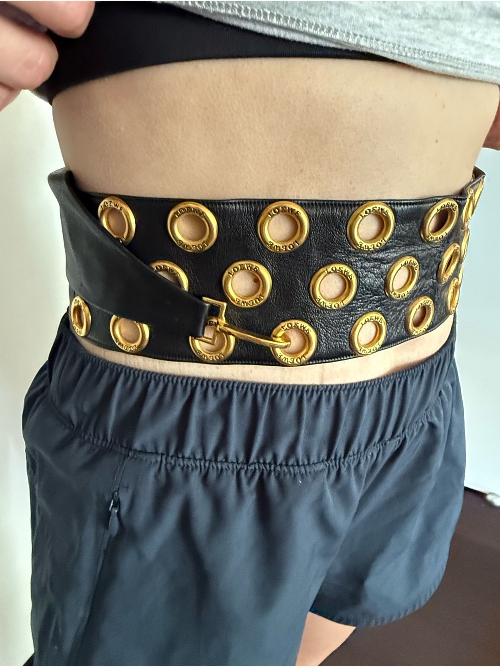 Vintage LOEWE Black Leather Gold Grommet Belt Madrid 1846 Made in France - Picture 10 of 10
